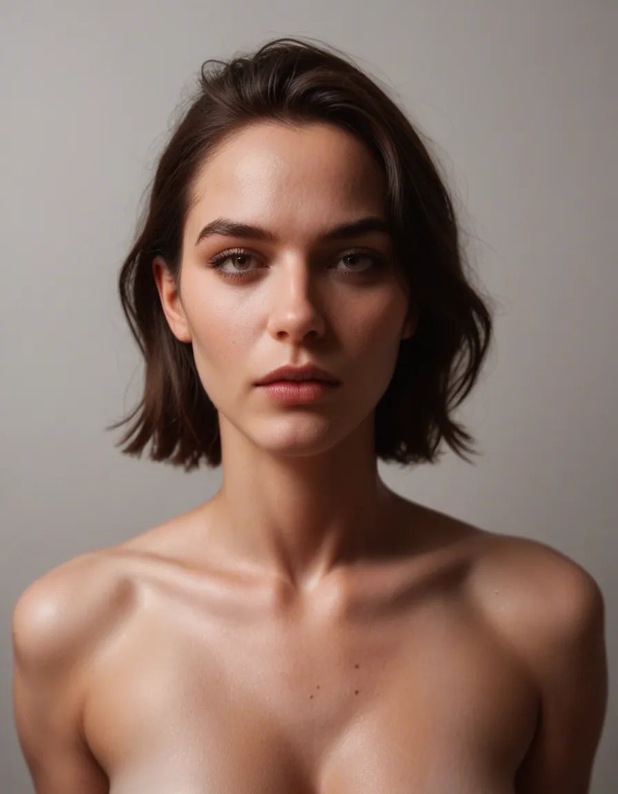 RAW photo, ultra realistic, brunette woman, toned body, collared shirt, fully nude, gradient background, from above, studio photo, score_9, score_8, candid photo, realistic skin texture, visible skin pores, film grain, depth of field
