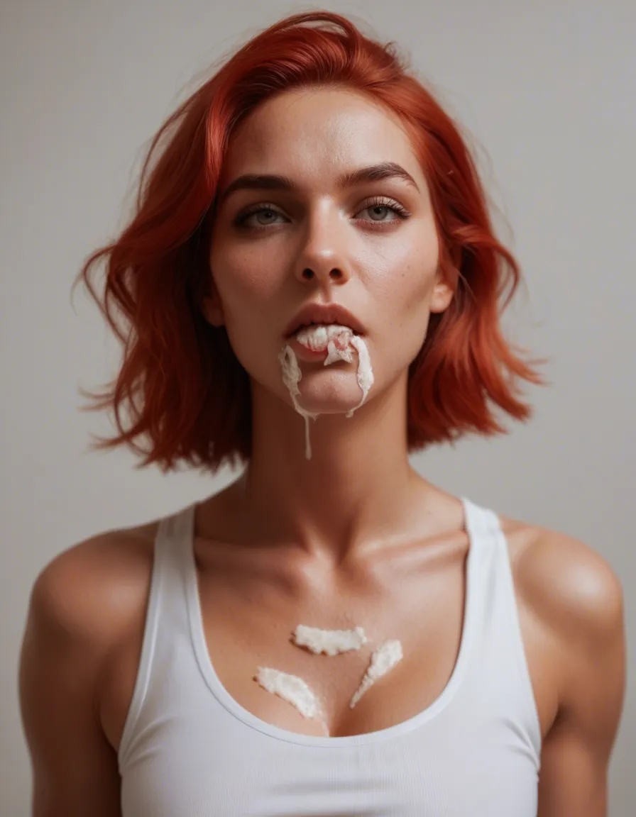 sharp focus, 8k uhd, fitness model, red hair, mouth ful of cream, looking up lovingly, score_9, score_8, candid photo, realistic skin texture, visible skin pores, film grain, depth of field