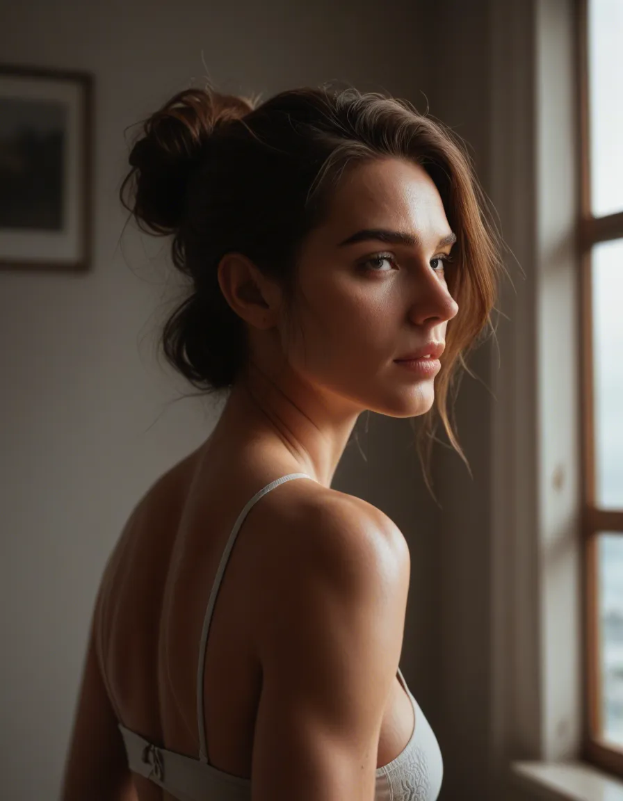 sharp focus, 8k uhd, 1girl, bow, futanari, window light, lifelike render, score_9, score_8, candid photo, realistic skin texture, visible skin pores, film grain, depth of field