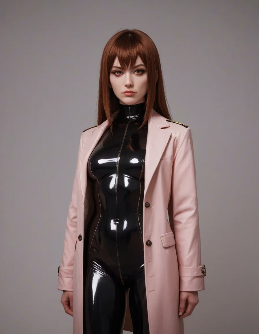 professional photo, high detail, #1girl #solo #portrait #pink_latex_dress #white_background @makise_kurisu looking_afar, coat, score_9, score_8, candid photo, realistic skin texture, full bodysuit, score_9, score_8, candid photo, realistic skin texture, visible skin pores, film grain, depth of field
