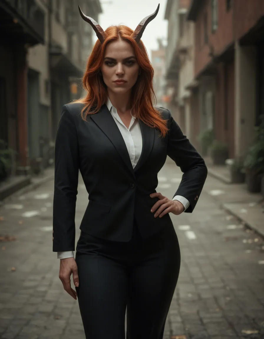 professional photo, high detail, redhead woman, hand on own hip, horns, presenting, outdoors, POV, cinematic realism, score_9, score_8, candid photo, realistic skin texture, visible skin pores, film grain, depth of field