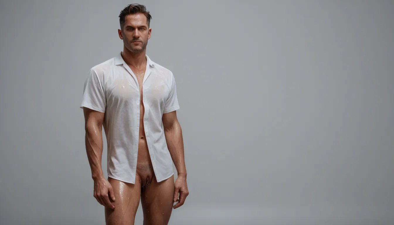 professional photo, high detail, male focus, standing, white shirt, wet skin, wet pussy, wide shot, studio photo, score_9, score_8, candid photo, realistic skin texture, visible skin pores, film grain, depth of field
