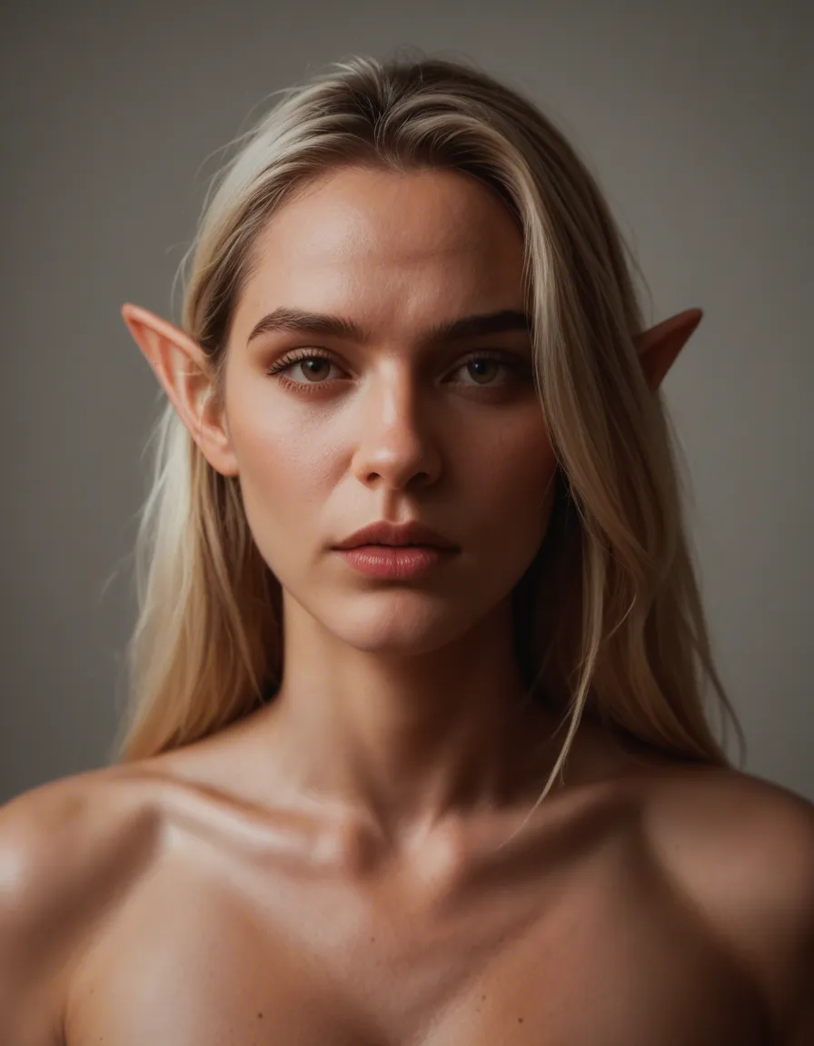 dslr, film grain, photorealistic, elf woman, two-tone hair, ribbon, presenting, film photography, score_9, score_8, candid photo, realistic skin texture, visible skin pores, film grain, depth of field