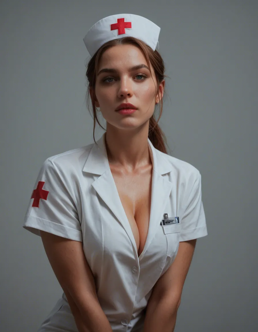 Create a realistic image of a hot nurse, score_9, score_8, candid photo, realistic skin texture, visible skin pores, film grain, depth of field