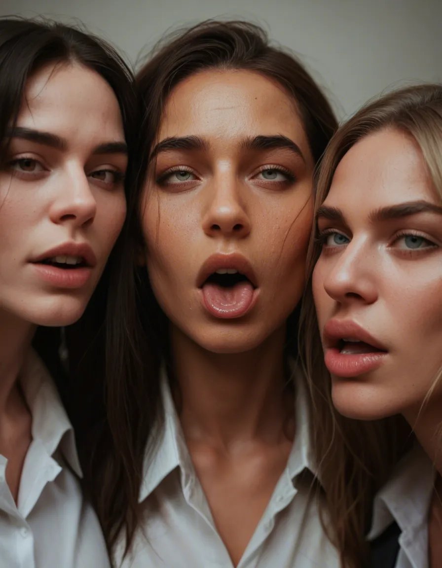 8k, sharp focus, detailed skin, 3girls, collared shirt, ahegao, RAW photo, score_9, score_8, candid photo, realistic skin texture, visible skin pores, film grain, depth of field