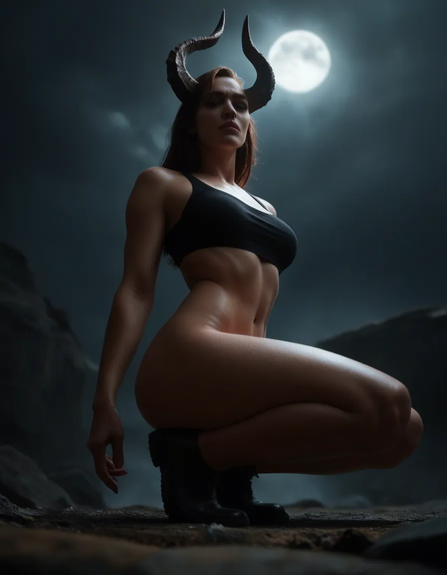 cinematic photo, 8k, solo, black footwear, horns, facesitting, from below, moonlight, hyperrealistic, score_9, score_8, candid photo, realistic skin texture, visible skin pores, film grain, depth of field