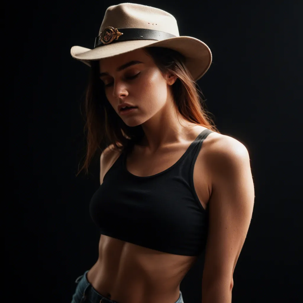 highly detailed, natural lighting, solo, midriff, hat, embrace, moaning, black background, from above, lifelike render
