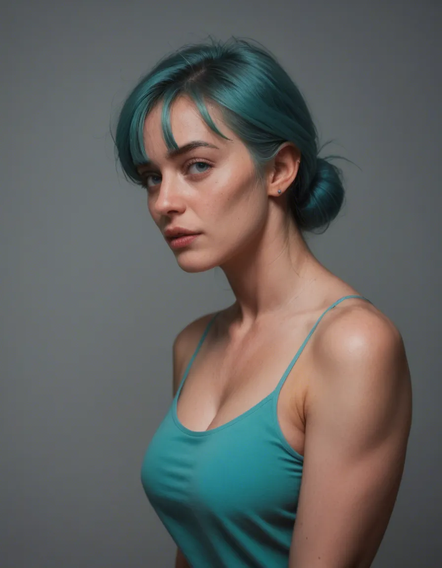Bulma con culo grande, score_9, score_8, candid photo, realistic skin texture, visible skin pores, film grain, depth of field
