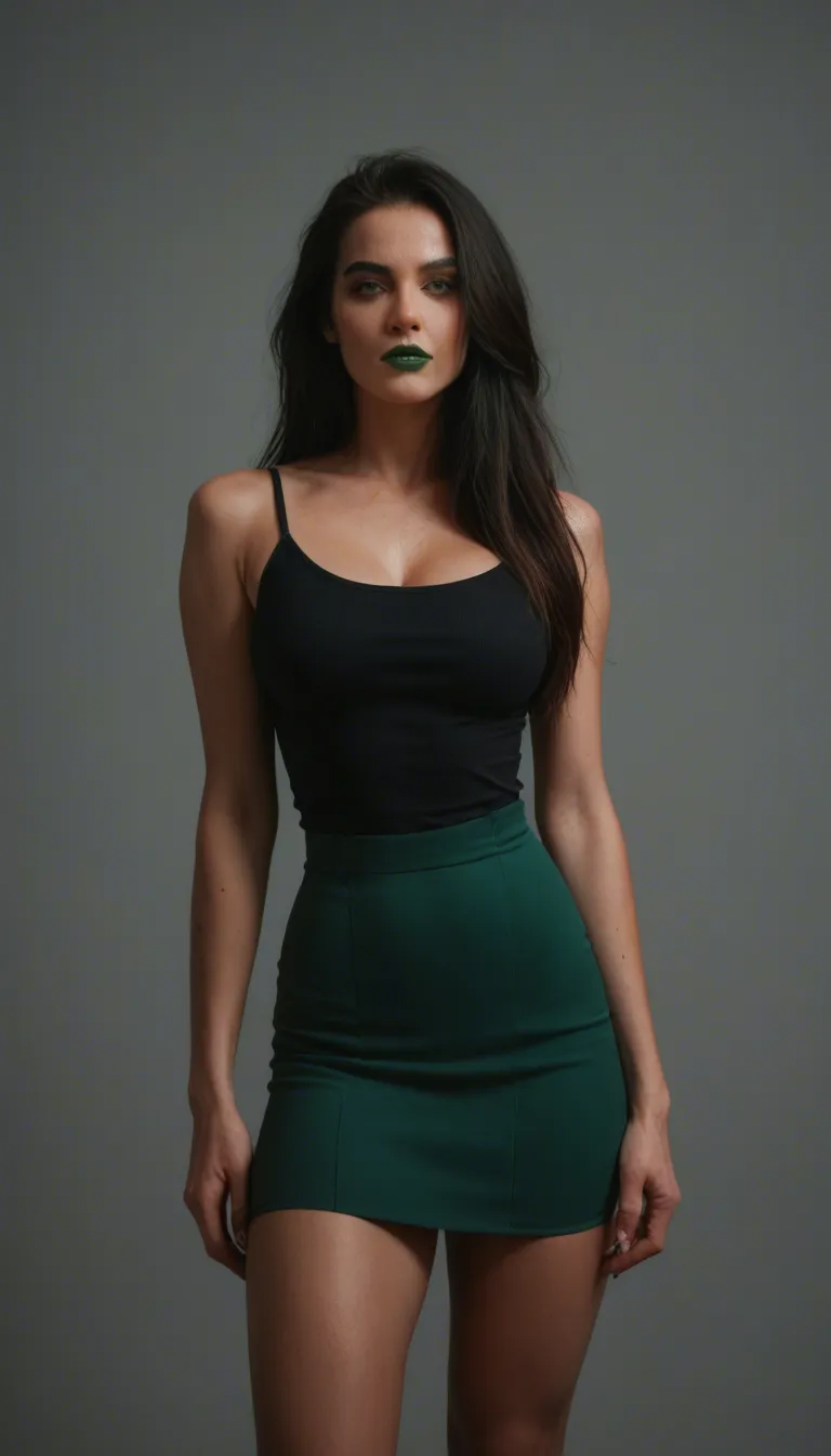 21 yo succubus with long hair and Green lipstick, score_9, score_8, candid photo, realistic skin texture, visible skin pores, film grain, depth of field, skirt, score_9, score_8, candid photo, realistic skin texture, visible skin pores, film grain, depth of field, score_9, score_8, candid photo, realistic skin texture, visible skin pores, film grain, depth of field