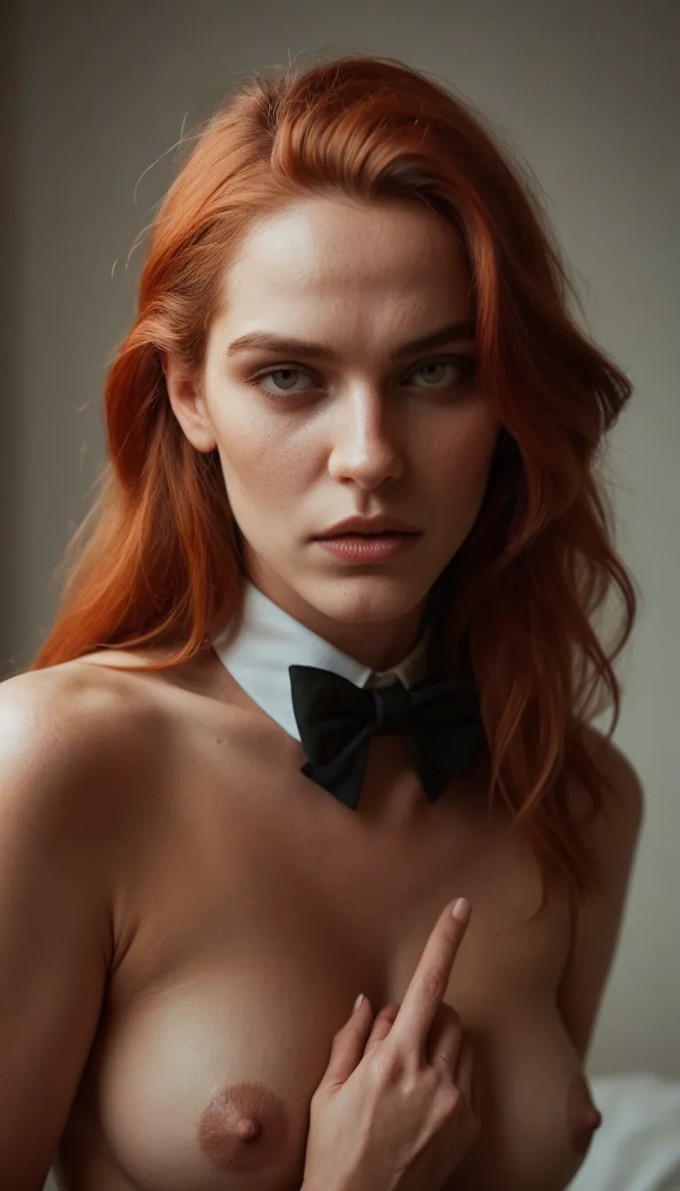 dslr, film grain, photorealistic, redhead woman, hair bow, bowtie, fingering, moonlight, natural skin texture