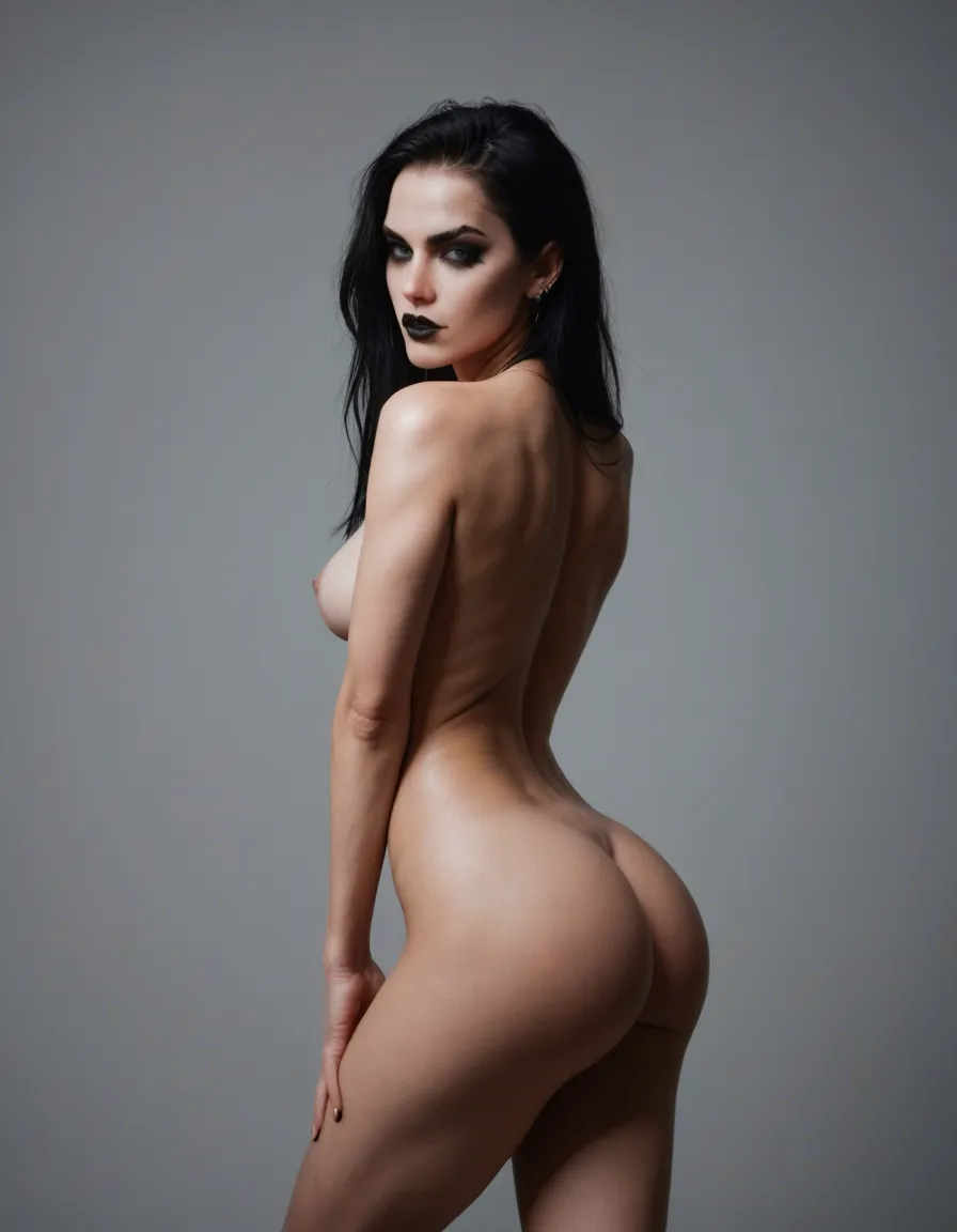 Goth girl, pure white, smooth, clean skin turned around with one foot up full naked bubble butt, score_9, score_8, candid photo, realistic skin texture, visible skin pores, film grain, depth of field
