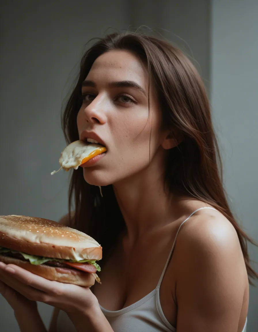 Woman fucked while eating sandwich, score_9, score_8, candid photo, realistic skin texture, visible skin pores, film grain, depth of field