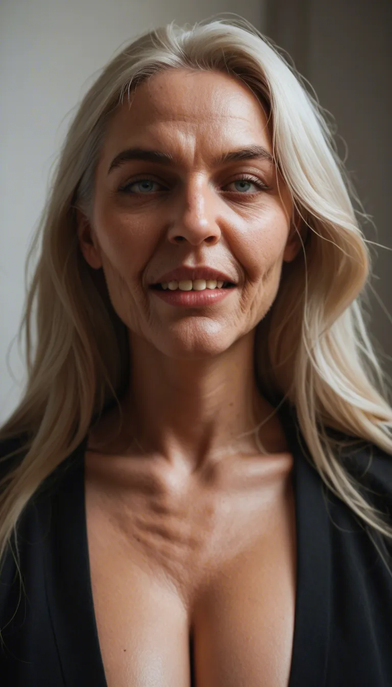 an elderly blonde woman with a long face, big nose, big teeth, blue-gray eyes, and old saggy motherly-looking breasts with big oversized areolae and hard nipples is on her knees stroking a frail elderly man's uncircumcised penis with huge saggy wrinkled balls