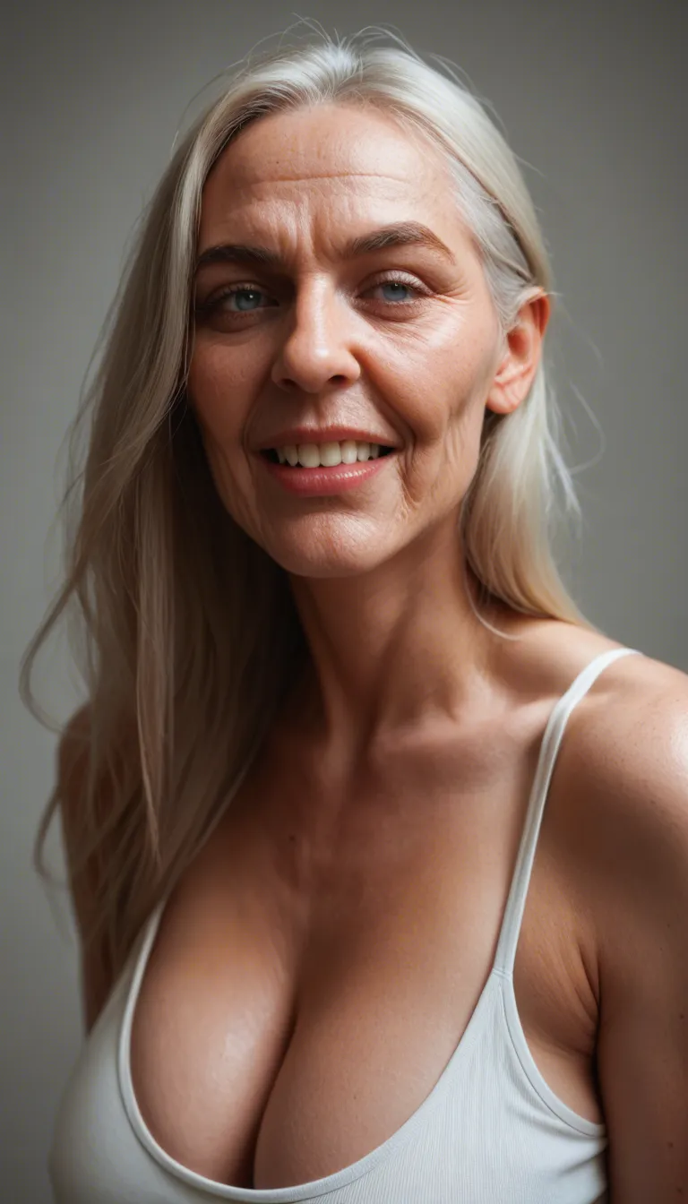 an elderly blonde woman with a long face, big nose, big teeth, blue-gray eyes, and old saggy motherly-looking breasts with big oversized areolae and hard nipples is laughing crazily; from_below