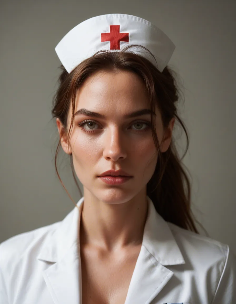 Bondage nurse, score_9, score_8, candid photo, realistic skin texture, visible skin pores, film grain, depth of field