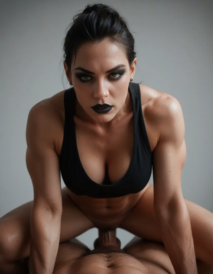 a muscular japanese goth woman riding a cock, eye shadow, black lipstick, score_9, score_8, candid photo, realistic skin texture, visible skin pores, film grain, depth of field