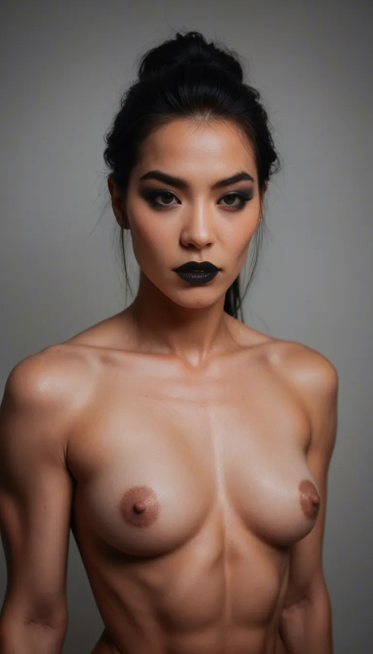 a muscular asian goth woman, eye shadow, black lipstick, naked, small breasts, score_9, score_8, candid photo, realistic skin texture, visible skin pores, film grain, depth of field, pale skin, score_9, score_8, candid photo, realistic skin texture, visible skin pores, film grain, depth of field, score_9, score_8, candid photo, realistic skin texture, visible skin pores, film grain, depth of field, score_9, score_8, cinematic film still, anamorphic, film grain, dramatic lighting, shallow depth of field