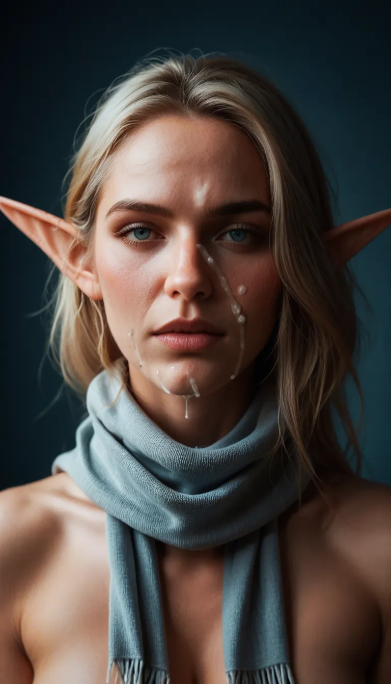 dslr, film grain, photorealistic, elf woman, cum on face, scarf, blue background, submissive blush, 8k uhd photo