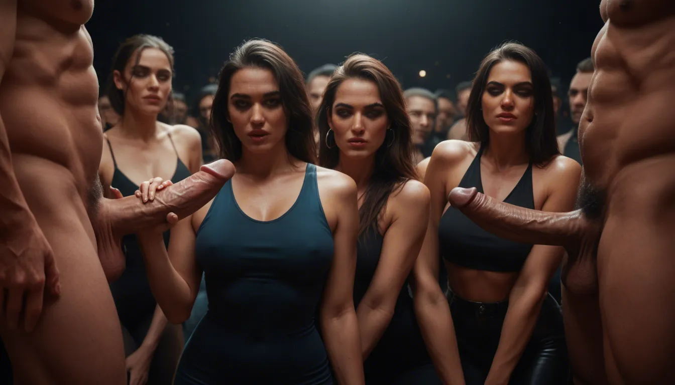 Cinema quality and dim moody lighting with blue rim light, Group of Dominatrix women are cruelly, aggressively stroking the male victim's cock, dancing, twerking, laughing, precum while the Camera slowly zooms in and rotates to the left
Share