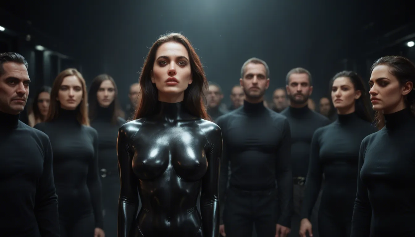 Cinema quality and dim moody lighting with blue rim light, one bound mand and a Group of mean women wearing black latex, breasts exposed, bouncing they are cruelly, aggressively stroking the male victim's cock, dancing, twerking, laughing, precum while the Camera slowly zooms in and rotates to the left Share