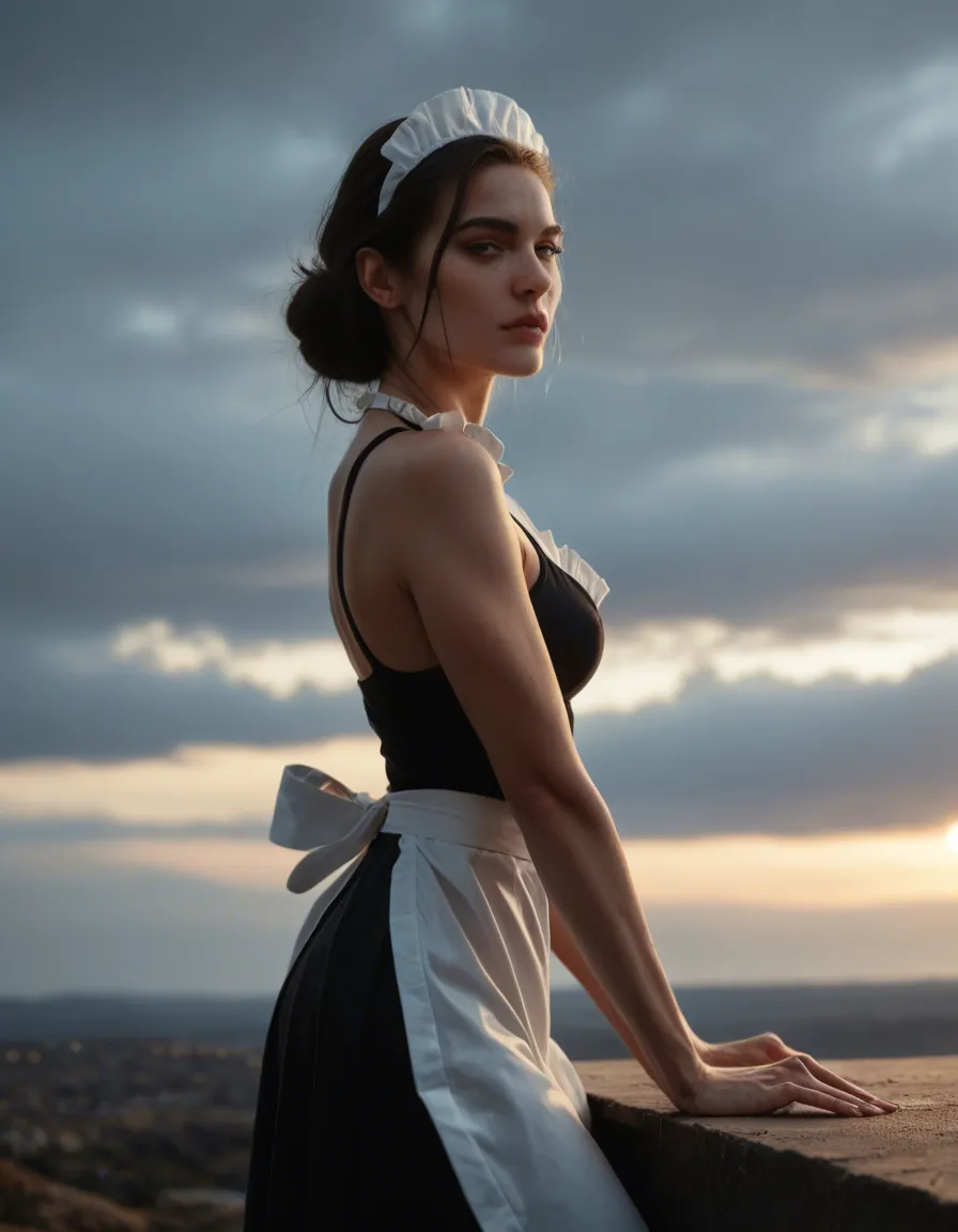 ultra HD, lifelike, maid, fingernails, skirt, anal sex, cloudy sky, side view, 8k uhd photo, score_9, score_8, candid photo, realistic skin texture, visible skin pores, film grain, depth of field
