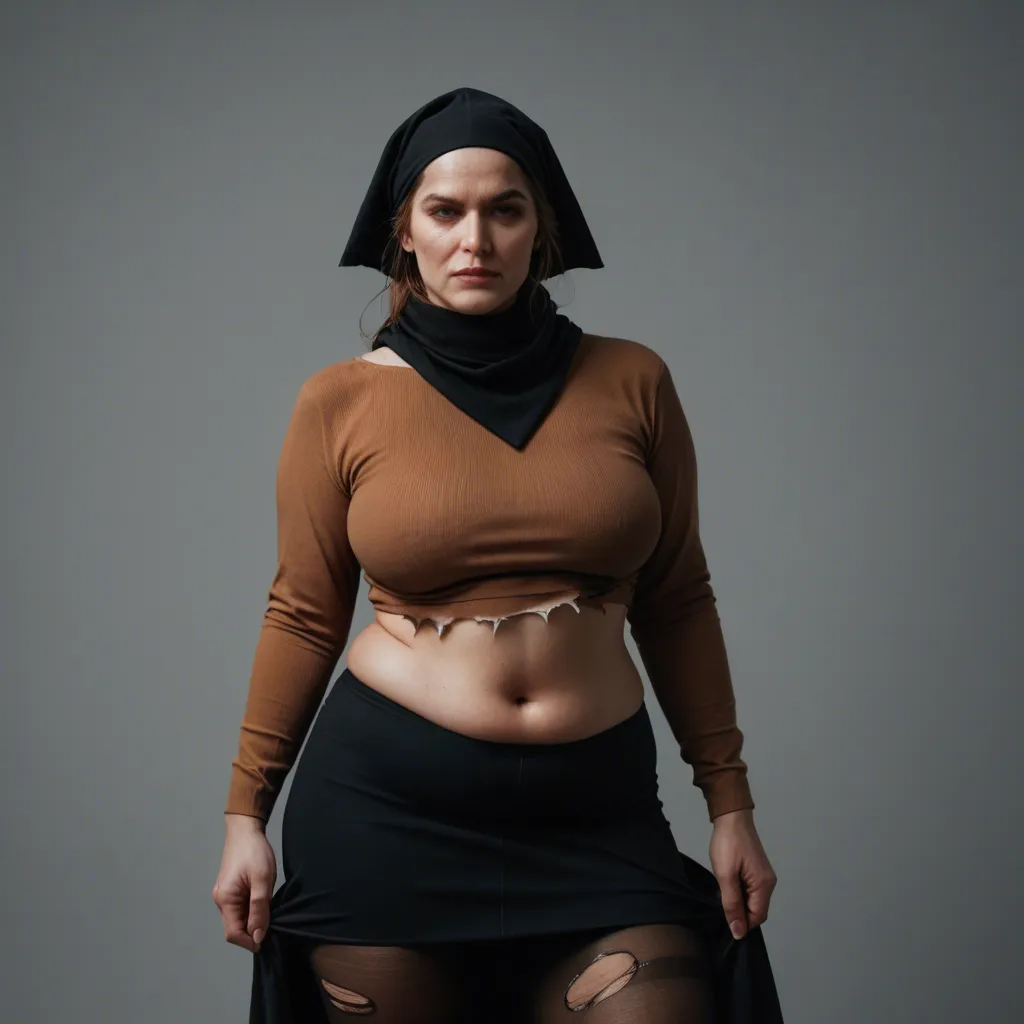 Ultraorthodox chubby jewish woman, hair wrapped by black headscarf, milf, classes, ripped pantyhose, brown shirt with long sleeves, long black skirt pulled down, panties pulled down, on het four, fucked doggystyle from sex_from_behind, another men is holding_hands, screaming