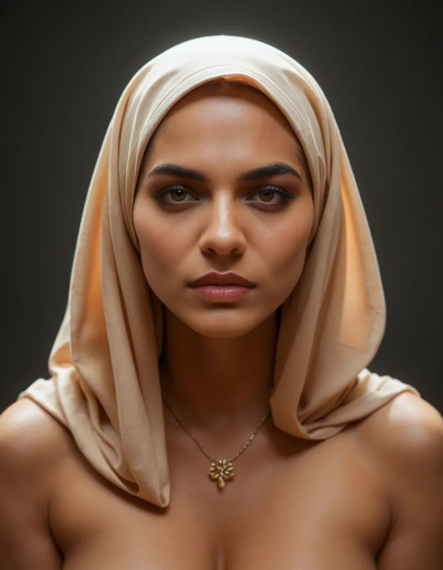 Arab woman with hijab nude, score_9, score_8, candid photo, realistic skin texture, visible skin pores, film grain, depth of field