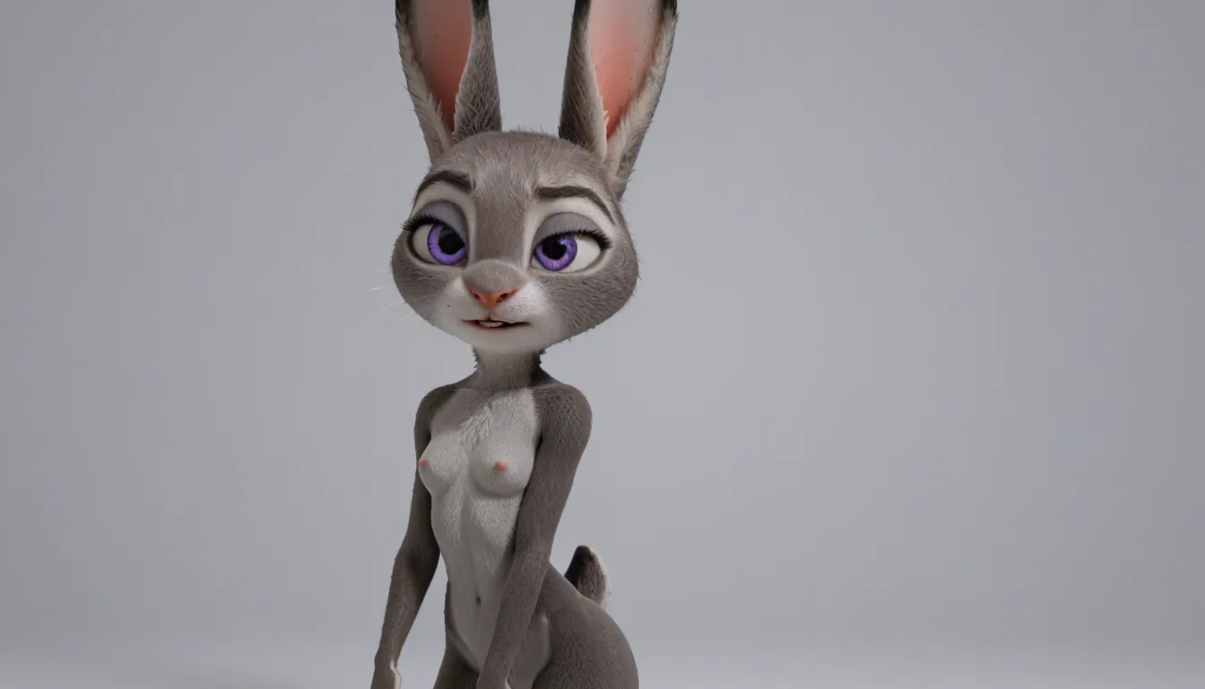 Furry female Anthropomorphic Character Judy Hopps, full gray rabbit fur, human-like sexy body, moderate tits, slim waist, big juicy ass, completely naked on bed, grinding her pussy hard on a pillow, moaning and begging for dick, intense explicit