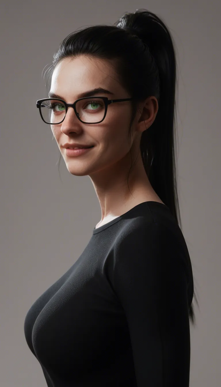 hyperrealistic, detailed skin, view from side, long black hair, high ponytail, fringe hairstyle, almond green eyes, black-framed eyewear, smile, huge fake breasts, naked, titfuck, breasts squeezed together, shiny black micro thong, toned body, athletic body, oiled body, cum on tits, arm tattoo, big back tattoo
