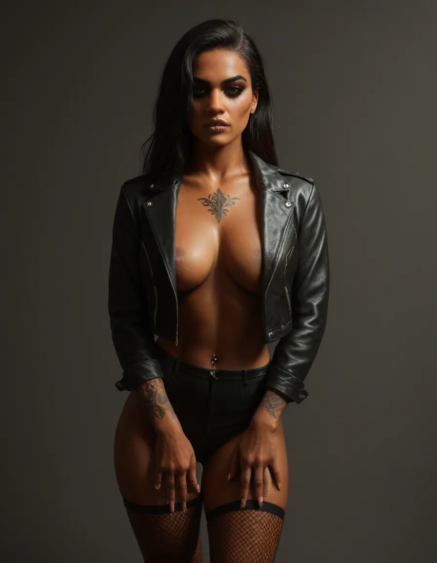 beautiful latina alt woman, olive skin, long black hair with crimson streaks, septum and lip piercings, intricate tattoos covering arms and collarbone, dark makeup, wearing only an unbuttoned black leather jacket and fishnet stockings, confident seductive expression, detailed realistic body, soft dramatic lighting, highly detailed skin and face, score_9, score_8, candid photo, realistic skin texture, visible skin pores, film grain, depth of field