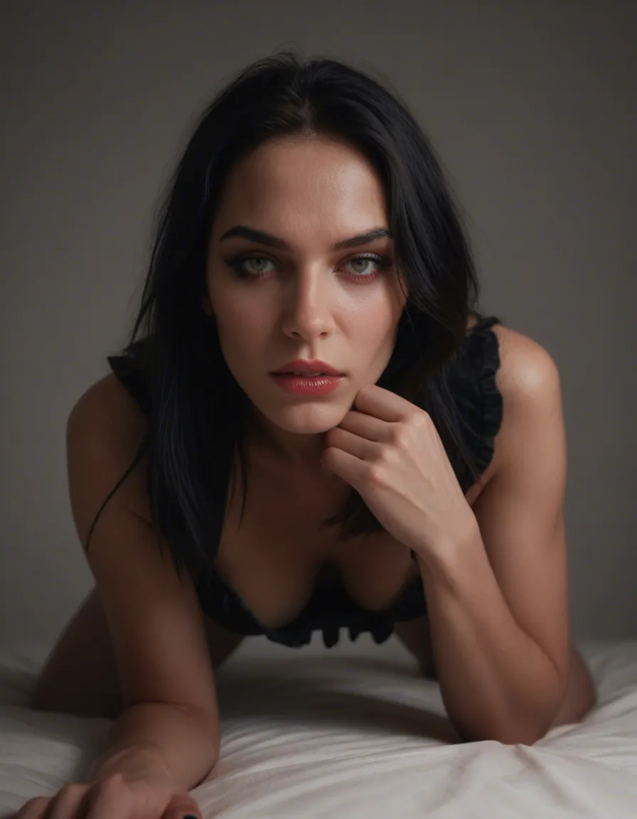 best quality, hyperrealistic, gothic female, nail polish, frills, doggy style, volumetric light, score_9, score_8, candid photo, realistic skin texture, visible skin pores, film grain, depth of field