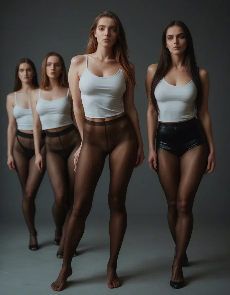 sharp focus, 8k uhd, 4women, very long hair, pantyhose, leg up, cool tones, photorealistic, score_9, score_8, candid photo, realistic skin texture, visible skin pores, film grain, depth of field