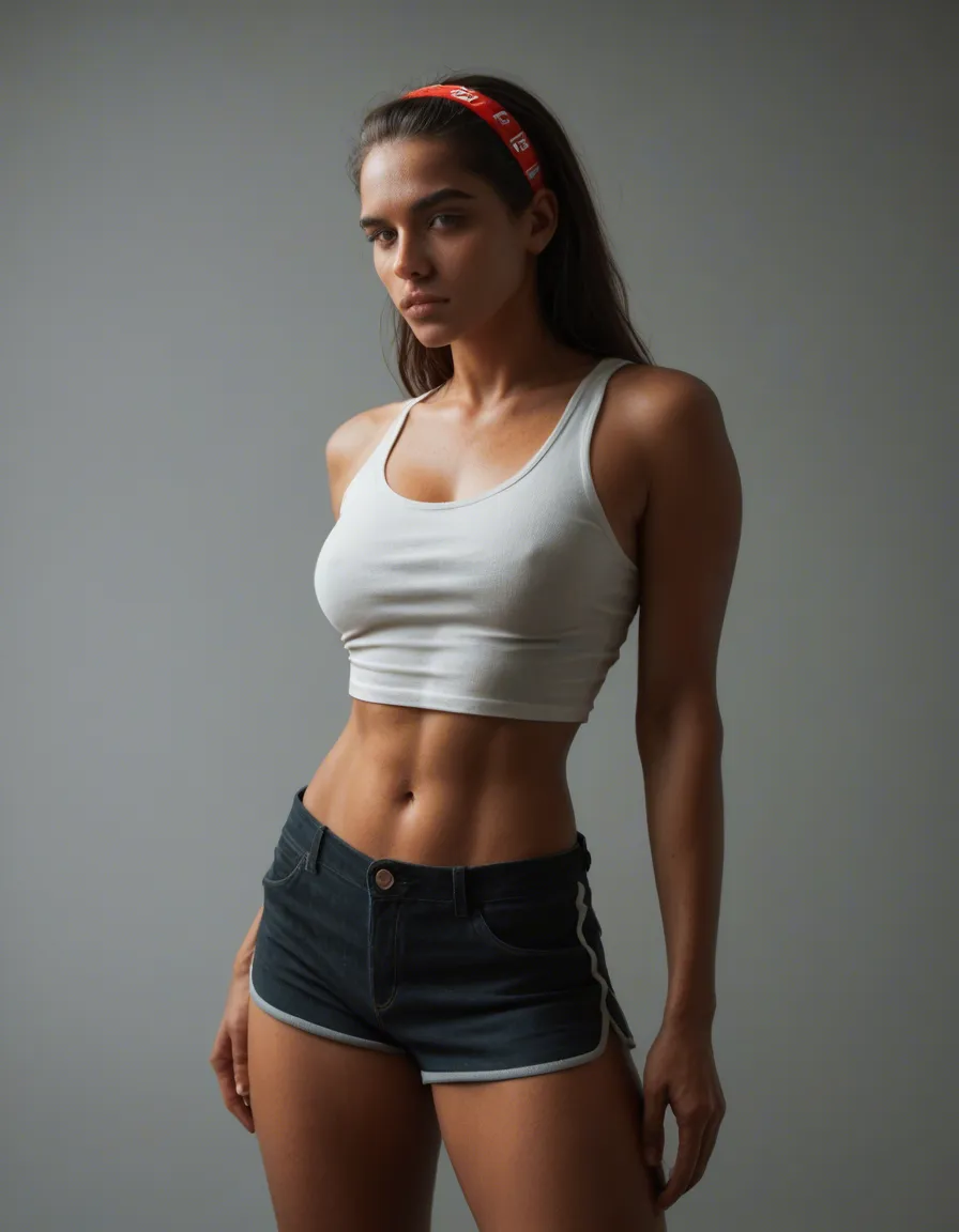 8k, sharp focus, detailed skin, solo, hairband, shorts, presenting, warm tones, natural skin texture, score_9, score_8, candid photo, realistic skin texture, visible skin pores, film grain, depth of field