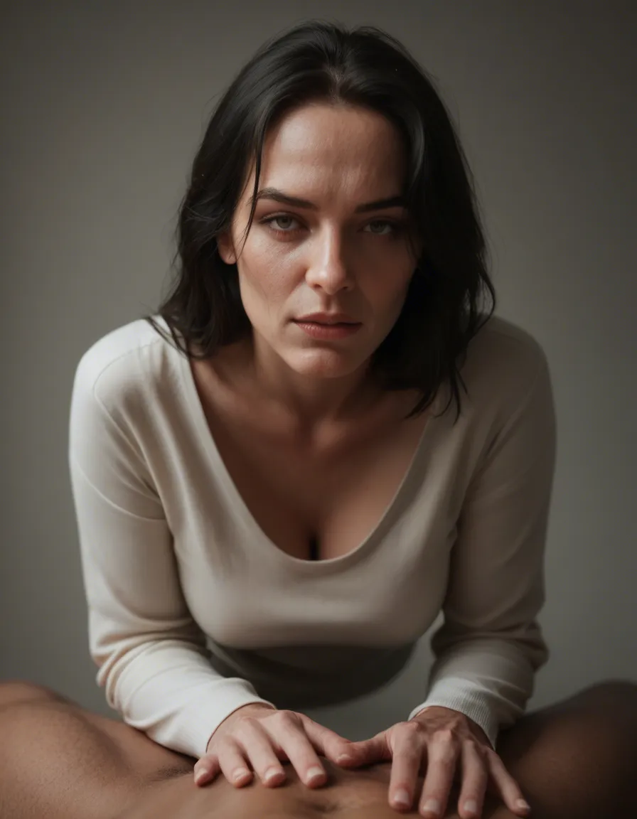 studio quality, sharp focus, mature female, black hair, long sleeves, doggy style, cool tones, lifelike render, score_9, score_8, candid photo, realistic skin texture, visible skin pores, film grain, depth of field