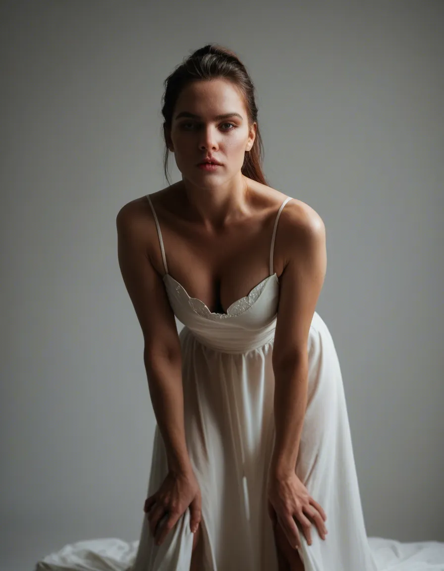 RAW photo, ultra realistic, princess, ponytail, dress, bent over, rim light, studio photo, score_9, score_8, candid photo, realistic skin texture, visible skin pores, film grain, depth of field