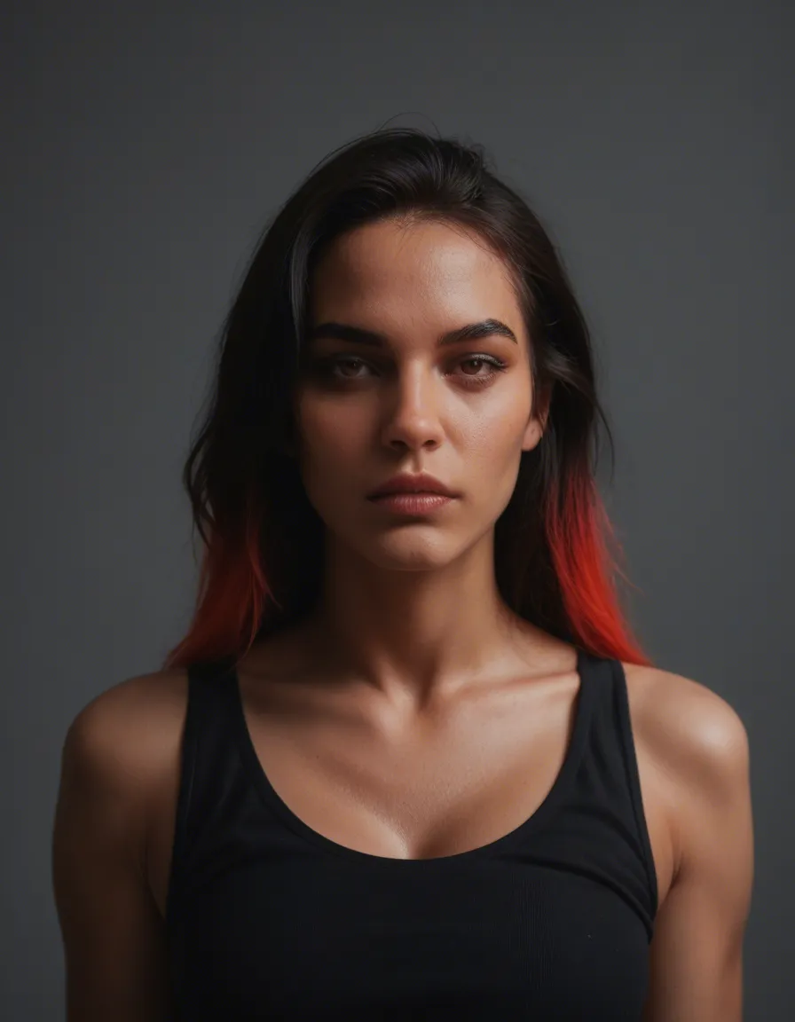 ultra HD, lifelike, succubus, two-tone hair, sleeveless, fully nude, natural skin texture, score_9, score_8, candid photo, realistic skin texture, visible skin pores, film grain, depth of field