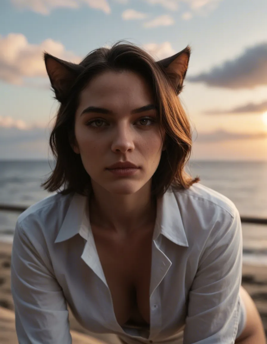 cinematic photo, 8k, futanari catgirl, collarbone, collared shirt, bent over, cloud, medium shot, photorealistic, score_9, score_8, candid photo, realistic skin texture, visible skin pores, film grain, depth of field