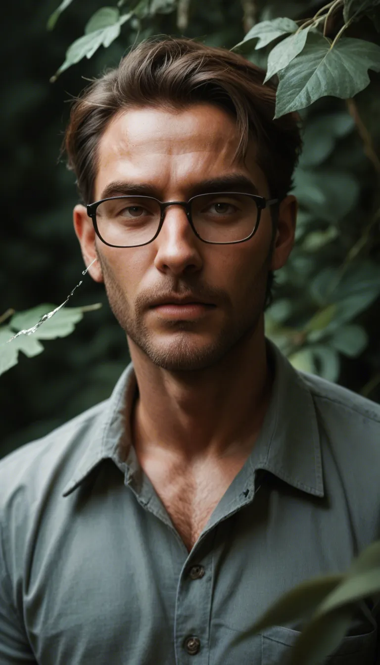 studio quality, sharp focus, male focus, squirting, glasses, leaf, relaxed mood, photorealistic