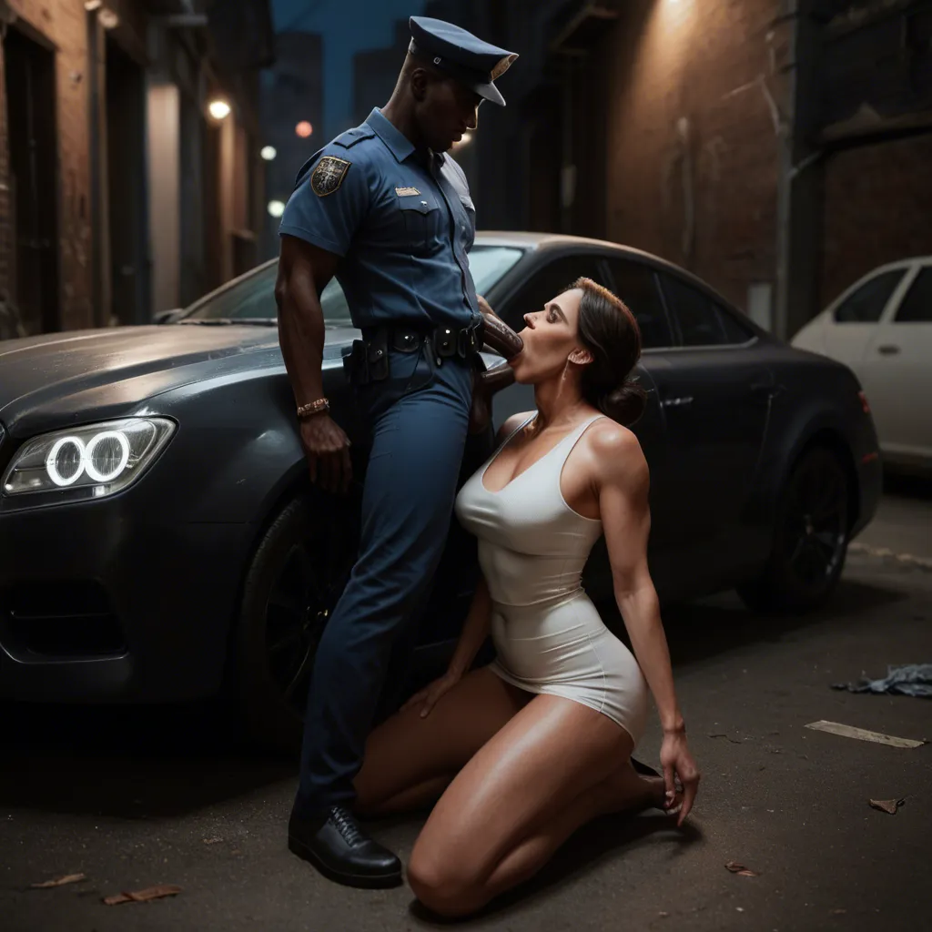 At night, in alley, next to police car, interracial deepthroat blowjob, clothed sex, kneeling. Toned Indian mature_female, with medium breasts and navel_piercing, wearing a police uniform, light blue bra, dark uniform pants, and black work boots, quickly deepthroating a police officer's large penis. She pulls up her uniform as he cums on her chest. Backlit, ultrarealistic, sharp focus, shallow depth_of_field.