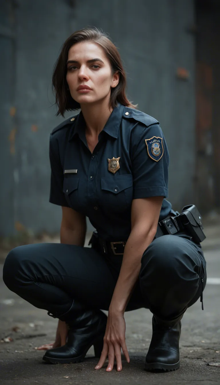A short athletic brunette mature_female, wearing a police uniform, dark blue bra, black uniform pants, and black work boots, squatting, giving a fast interracial deepthroat blowjob to a police officer with a massive penis. She rubs her breasts as saliva drips down her face. Night, outside, next to police car. Backlit, photorealistic, sharp focus, detailed skin.