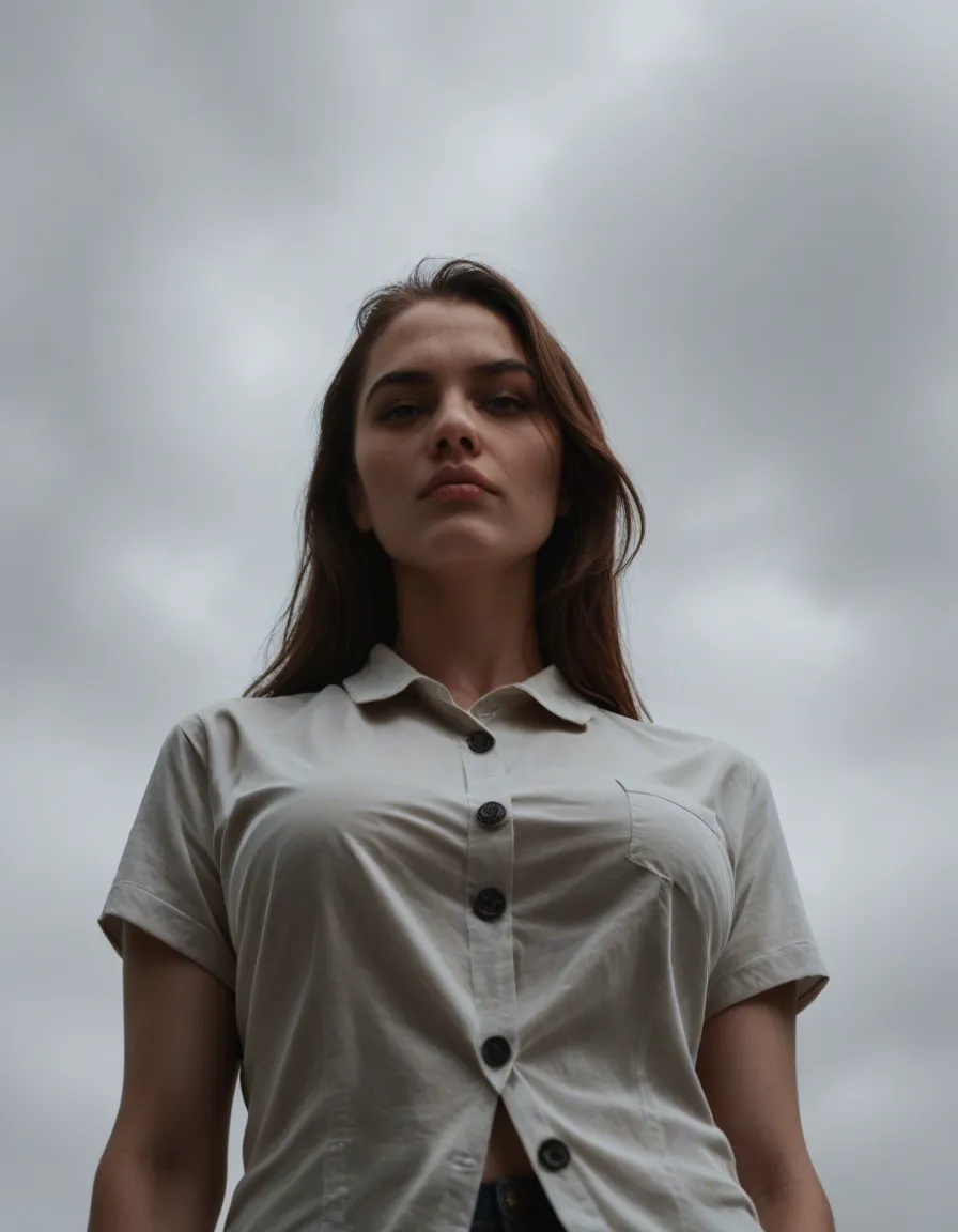 best quality, hyperrealistic, low angle, solo female, futanari, buttons, grey background, mysterious vibe, dslr quality, score_9, score_8, candid photo, realistic skin texture, visible skin pores, film grain, depth of field