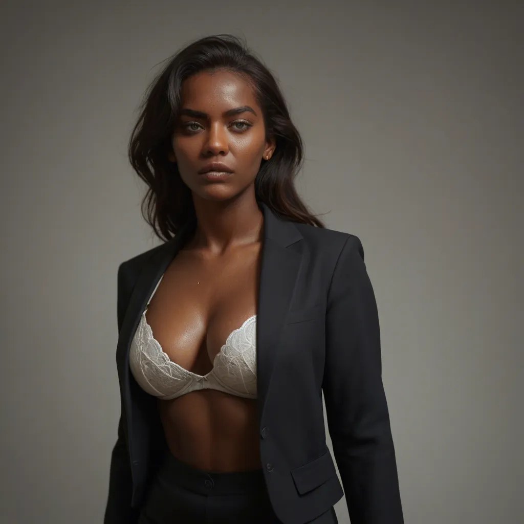 A dark-skinned mature_female wearing an open black blazer, partially unbuttoned yellow collared shirt, white bra with medium breasts, black skirt, and grey heels is on her back on a table in a courtroom with a briefcase. She is having sex in missionary position with a police officer with a large penis. Her white panties are hanging off one heel. Dramatic lighting, ultra realistic, full body, shallow depth_of_field.