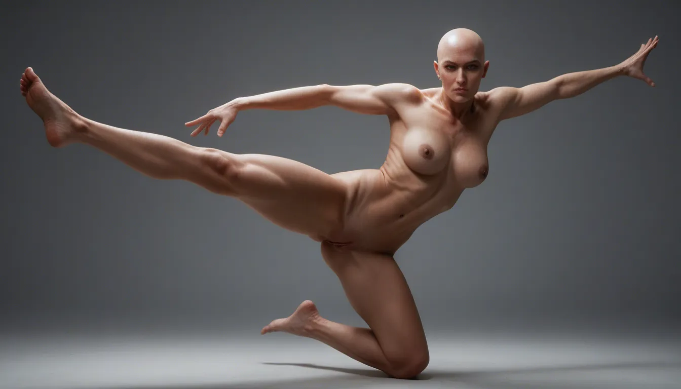ultra HD, lifelike, front view, Black woman kicking the air nude, showing pussy, medium breasts, bald pussy, 8k uhd photo,, score_9, score_8, candid photo, realistic skin texture, visible skin pores, film grain, depth of field
