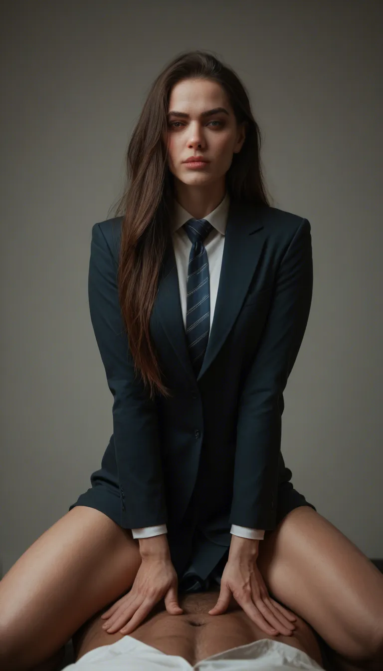 professional photo, high detail, witch, very long hair, necktie, straddling, cinematic realism