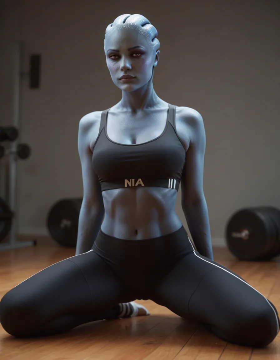 Asari from mass effect doing suggestive poses in yoga pants an a tight sports bra, score_9, score_8, candid photo, realistic skin texture, visible skin pores, film grain, depth of field