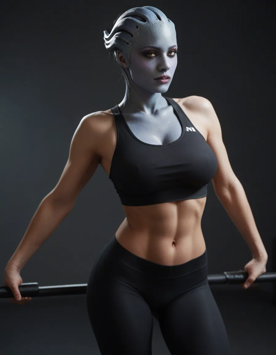 Asari from mass effect doing suggestive poses in yoga pants an a tight sports bra. large_breasts wide_hips uncensored, score_9, score_8, candid photo, realistic skin texture, visible skin pores, film grain, depth of field