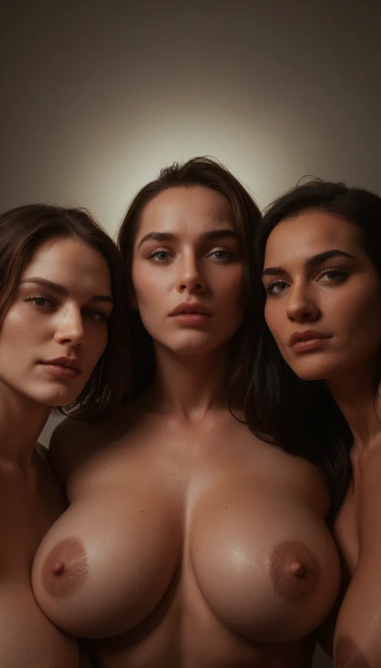highly detailed, natural lighting, over the shoulder, 3women, grinding, huge breasts, playful expression, 8k uhd photo