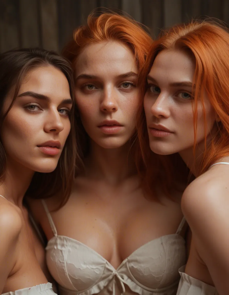 8k, sharp focus, detailed skin, 3women, orange hair, frills, bondage, lifelike render, score_9, score_8, candid photo, realistic skin texture, visible skin pores, film grain, depth of field