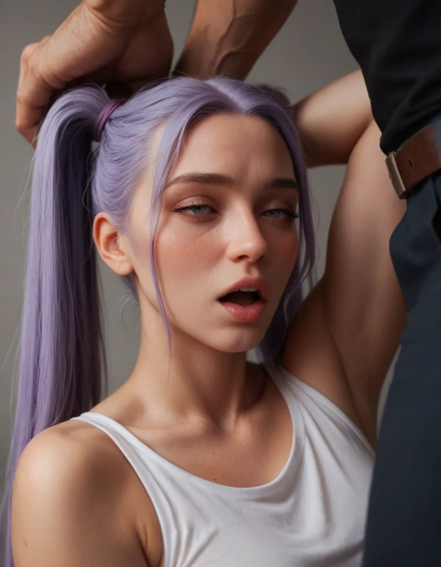 anime style, 2d, cel shaded anime illustration, both her arms raised beside her head, her hands behind her head, elbows visible, open mouth, half-closed eyes, flushed cheeks, 1woman, 1boy, adult woman, very long lilac twintails on both sides of her head, gold star hair clips on both sides, brown eyes, pale skin, nude, lying on her back with her knees up and spread, missionary position, vaginal sex, his penis inside her pussy, first person pov from below, his fair-skinned pale body at the bottom edge, his head out of frame, complete limbs, evenly filled flat colour BREAK dim bedroom, soft warm lamp light, plain wall, score_9, score_8, candid photo, realistic skin texture, visible skin pores, film grain, depth of field