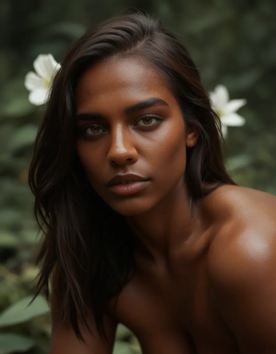 dslr, film grain, photorealistic, solo, dark skin, flower, bent over, depth of field, close-up, hyperrealistic, score_9, score_8, candid photo, realistic skin texture, visible skin pores, film grain, depth of field